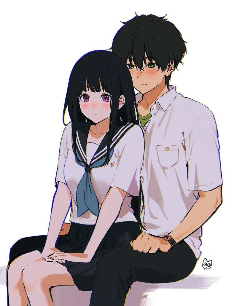 Safebooru 1boy 1girl Bangs Between Legs Black Hair Blush Brown Hair Chitanda Eru Green Eyes 0681