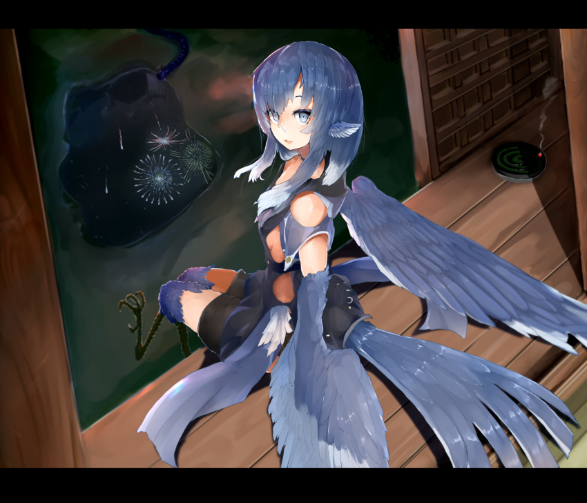 blue_feathers blue_hair blue_wings choker commentary_request feathered_wing...