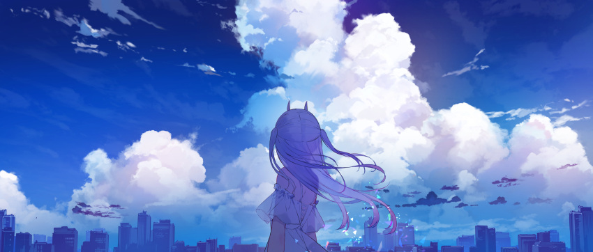 Safebooru 1girl Absurdres Blue Sky Building City Cityscape Clouds