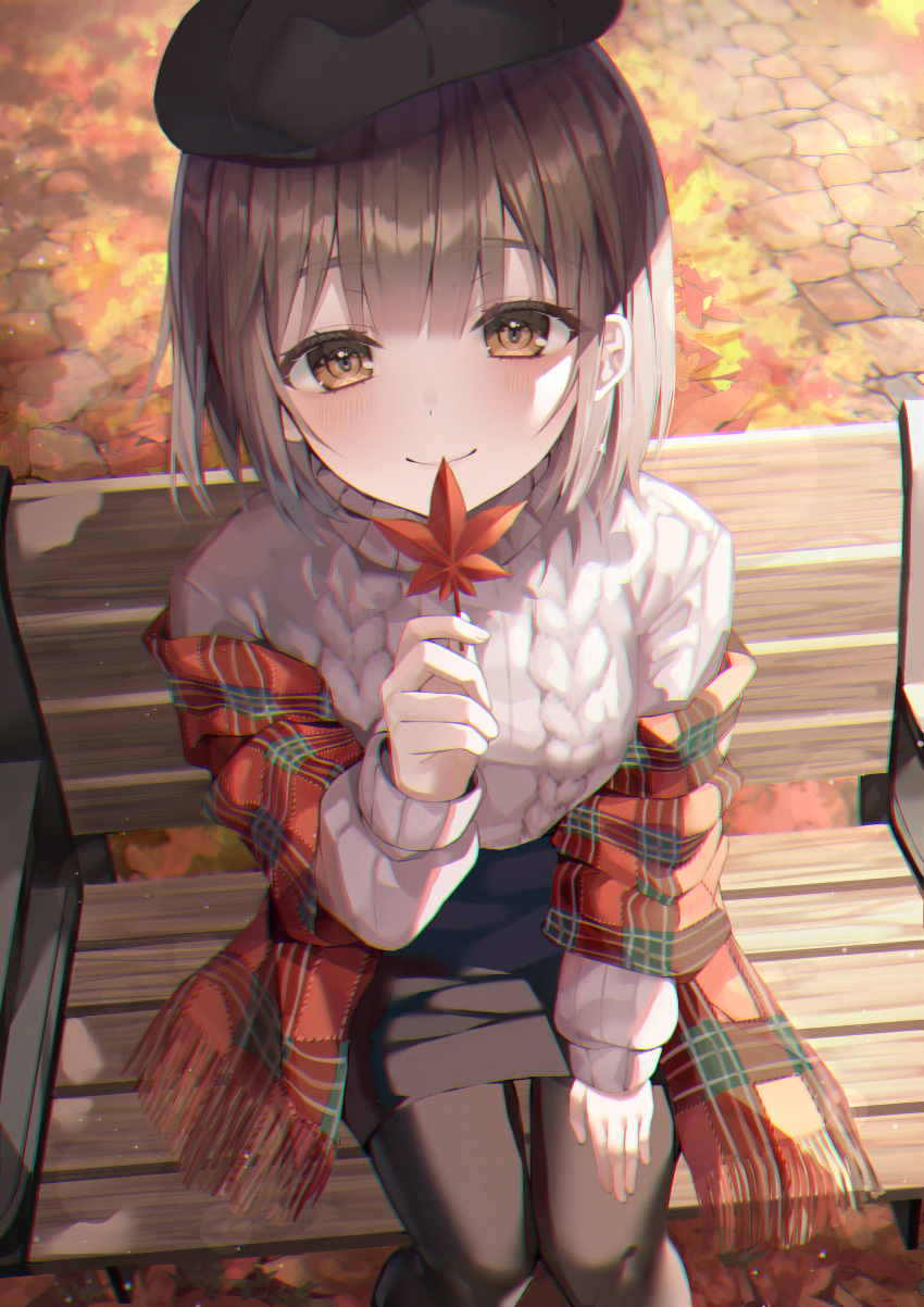 Safebooru 1girl Absurdres Autumn Autumn Leaves Bangs Banned Artist Bench Black Headwear Black 2993