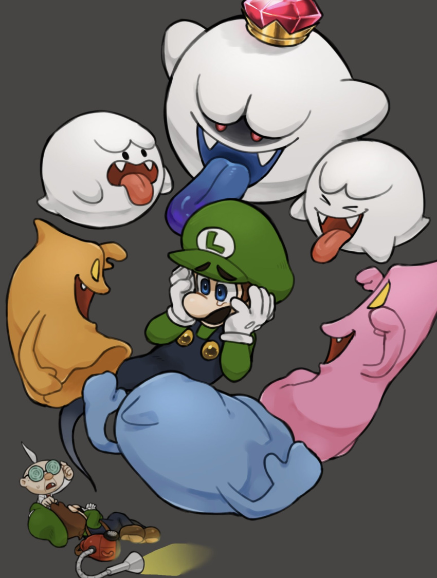 Safebooru - 3boys blue eyes blue overalls boo (mario) brown hair crown ...
