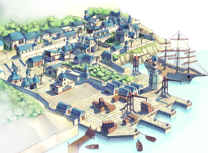 Ship Map Ragnarok Safebooru - artist request boat city crane (machine) day dock highres ...