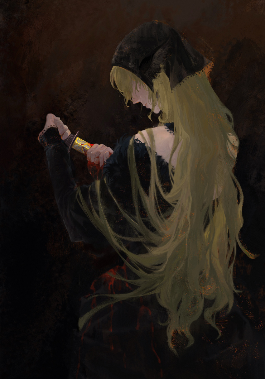Safebooru - 1girl absurdres black background black dress bleeding ...