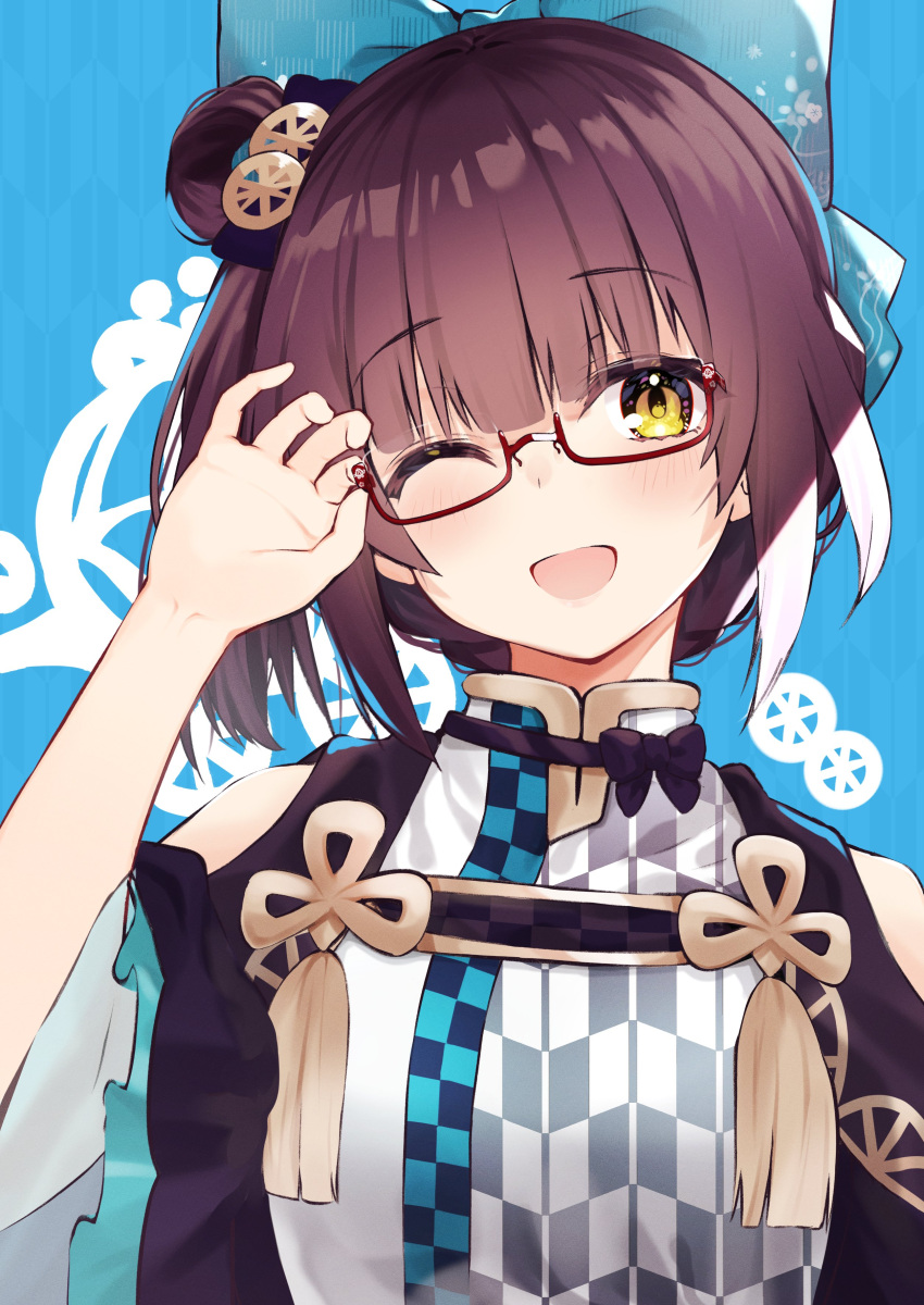 Safebooru 1girl Absurdres Bashamichi Hagemi Blue Background Blush Borumete Bow Breasts Brown 7341