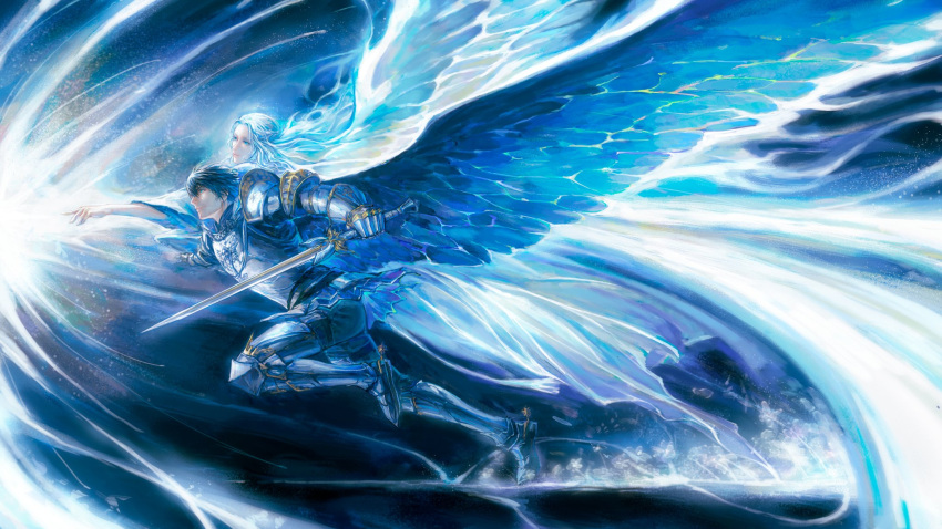 Safebooru - 1boy 1girl adventurer (ff14) angel wings armor aura blue ...