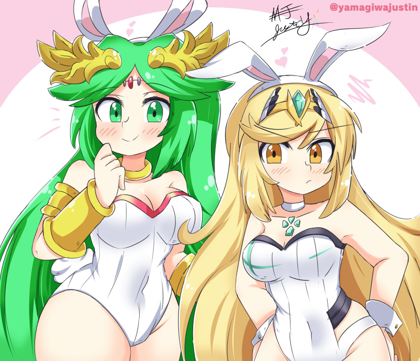 breasts chest_jewel crossover fake_animal_ears green_eyes green_hair highre...