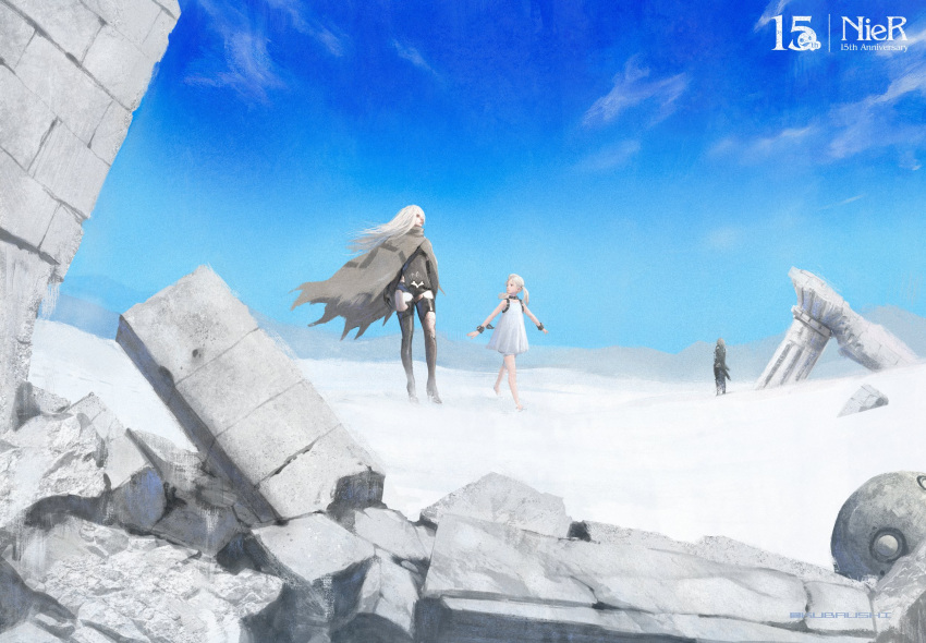 Safebooru - 1boy 2girls a2 (nier:automata) blue sky broken pillar cloak ...