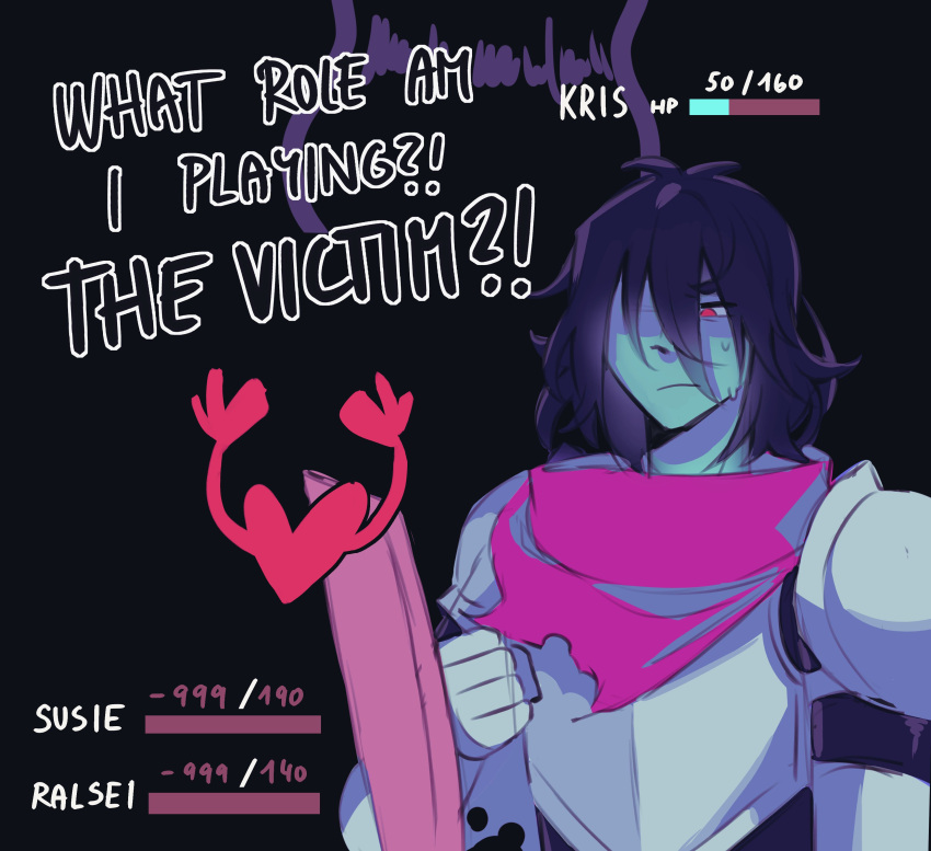 Safebooru - !? 2others absurdres armor black background black hair blue ...