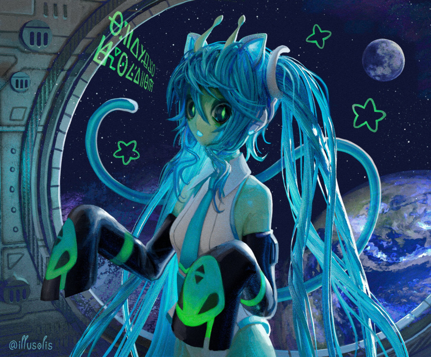 Safebooru - 1girl alien animal ears antennae aqua hair black sclera cat ...