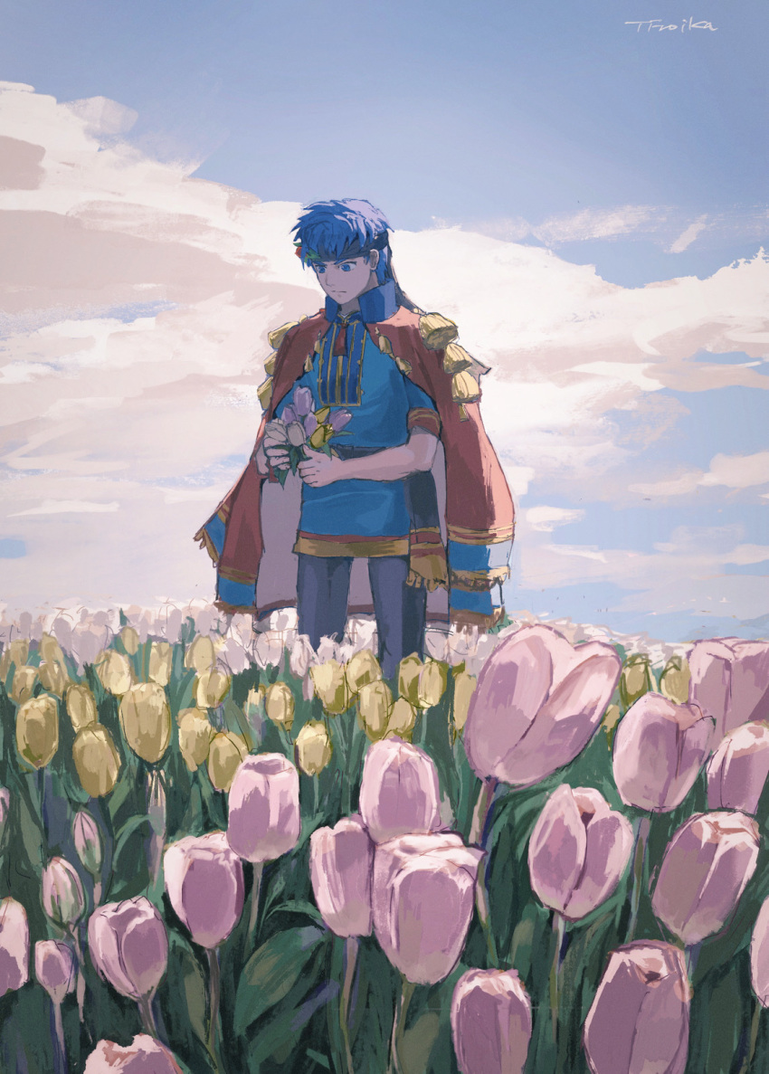 Field Reporter Sample Safebooru - 1boy blue eyes blue hair bouquet closed mouth coat coat on ...