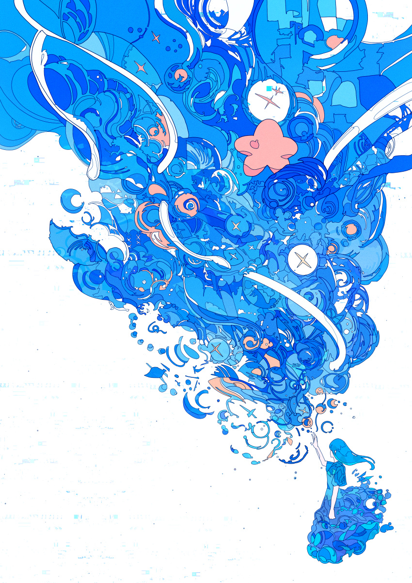 Safebooru - 1girl abstract absurdres arm up blue hair blue theme ...
