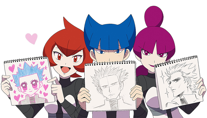 Safebooru - 1boy 2girls :d blue eyes blue hair blunt bangs child's ...