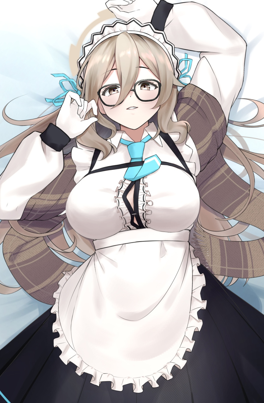 apron blue_archive blush breasts brown_eyes brown_hair glasses gloves halo ...