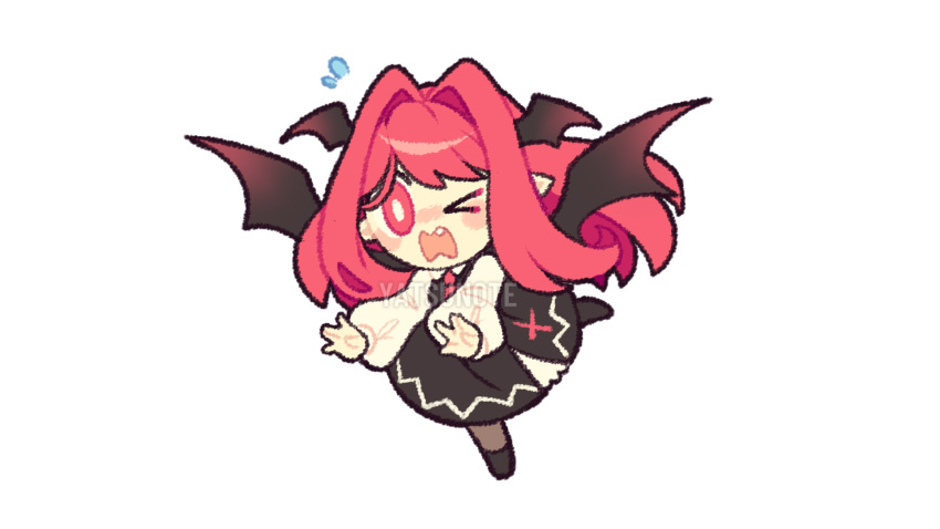 Safebooru - > o 1girl bat wings chibi fang flying sweatdrops head wings ...