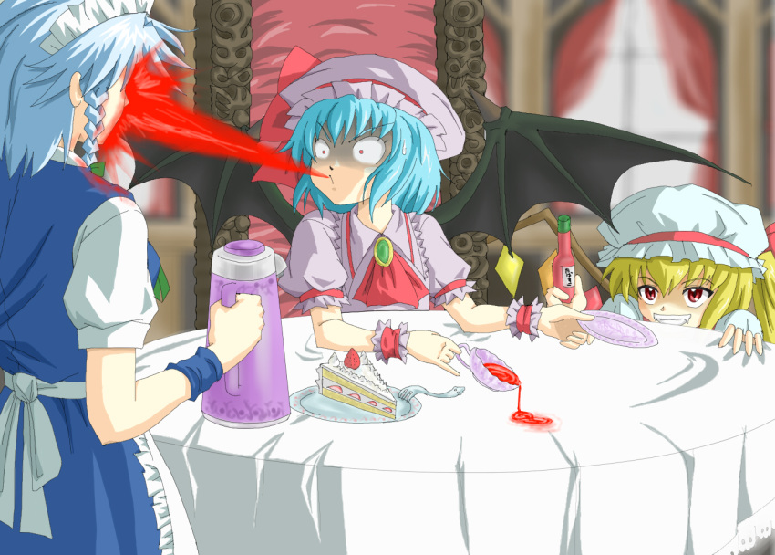 blonde_hair blue_hair braid cake clearfile flandre_scarlet food in_the_face...