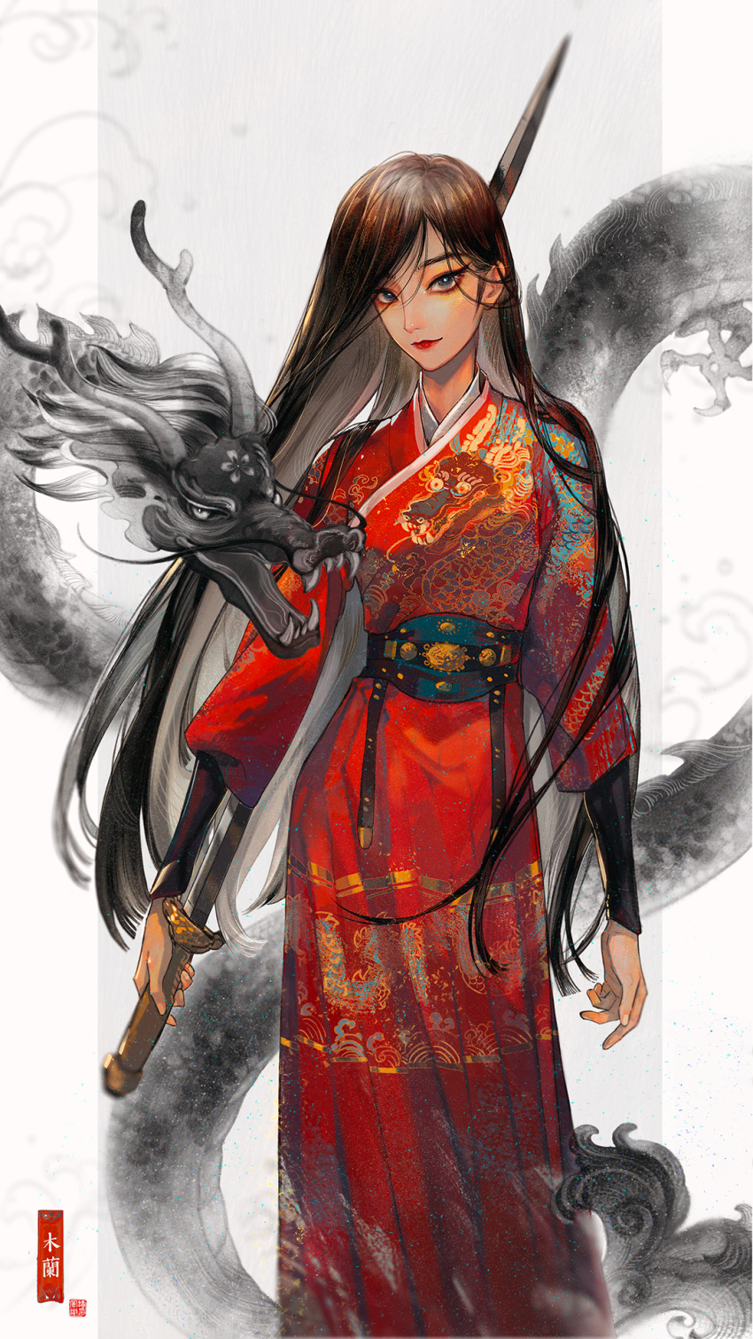 Safebooru - 1girl black dragon black hair chinese clothes cowboy shot ...