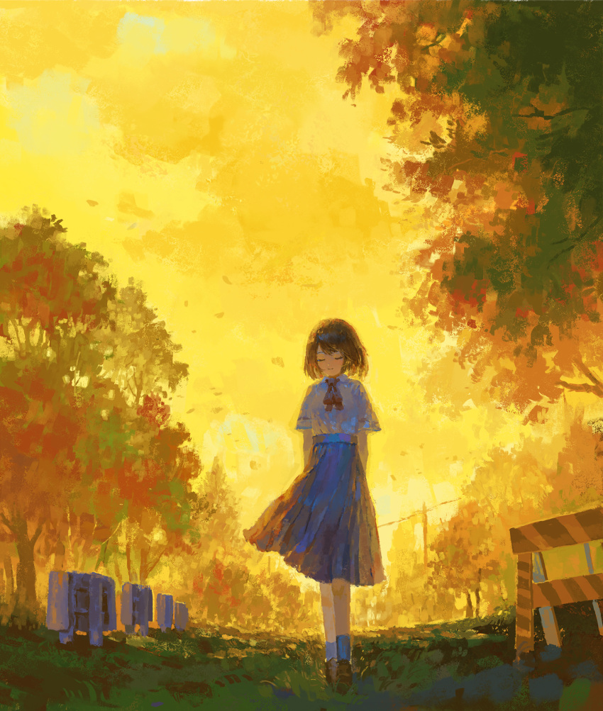 Safebooru 1girl Bangs Black Hair Blue Skirt Brown Footwear Closed Eyes Closed Mouth Collared 0190