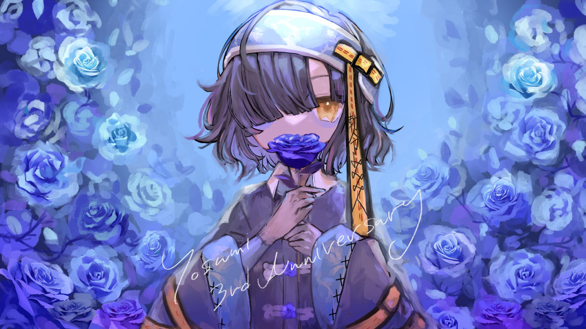 Safebooru 1girl Bags Under Eyes Bangs Black Hair Blue Flower Blue Rose Flower Harunohotaru