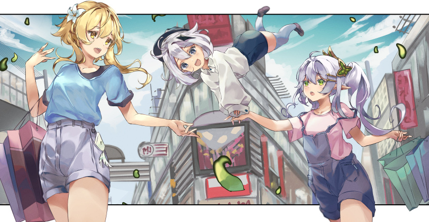 Safebooru 3girls Absurdres Alternate Costume Bag Bangs Blonde Hair Blue Sky Blurry Building 1476