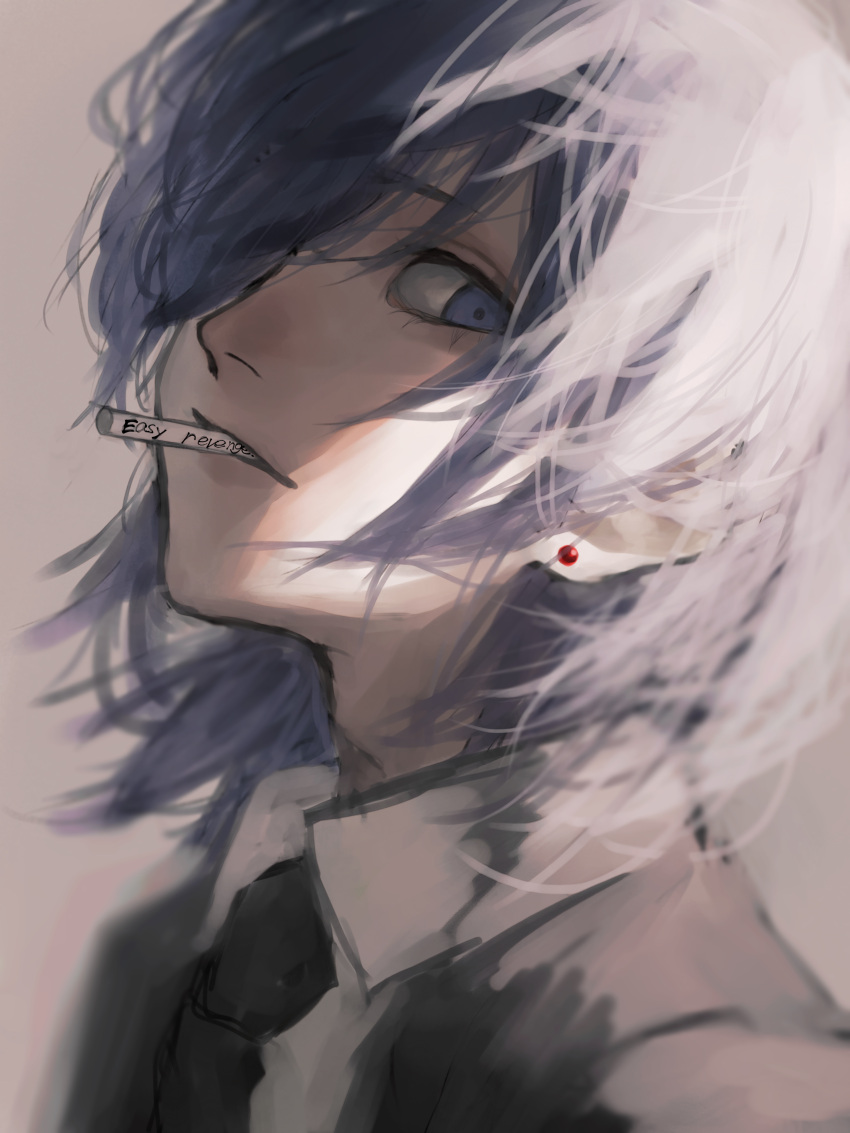 Safebooru 1boy Absurdres Black Hair Black Jacket Black Necktie Blue Eyes Bonjindaaa Chainsaw 9227