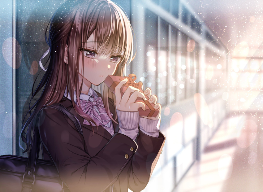 Safebooru 1girl Bag Bangs Blush Bow Bowtie Brown Coat Brown Hair Closed Mouth Coat Collared