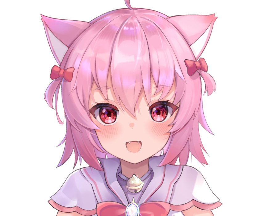 1girl :d ahoge animal_ears bangs bell bow cat_ears cat_girl fangs hair_bow ...