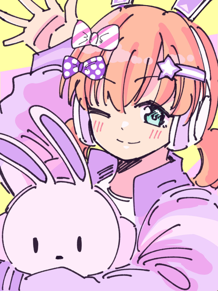 Safebooru - 1girl ;) animal ear headphones animal ears aqua eyes arm up ...