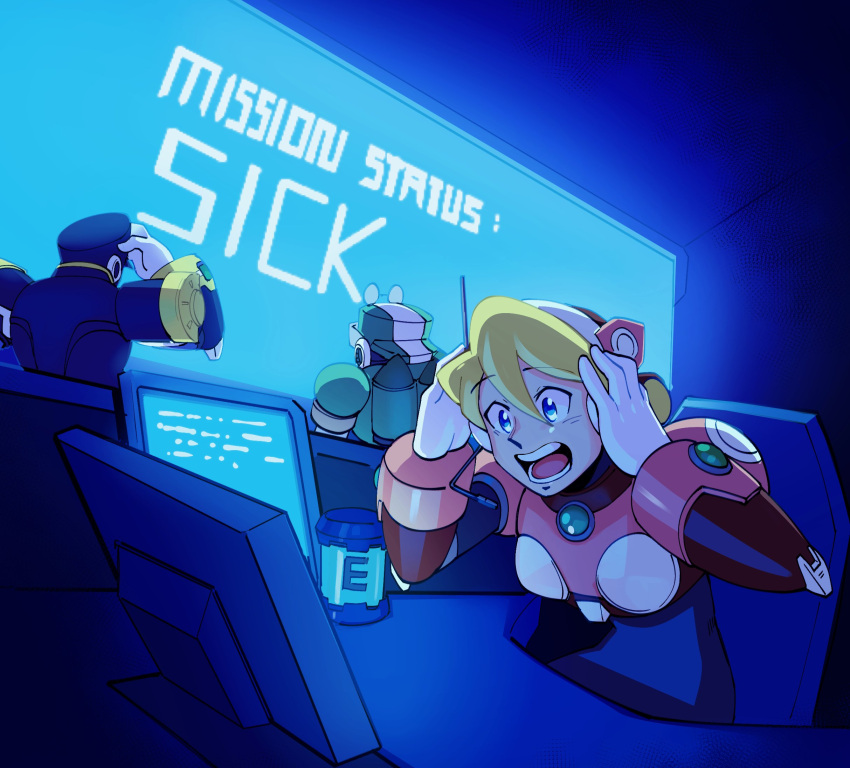 Safebooru 1girl D Alia Mega Man Android Arms Up Blue Eyes Character Request Commentary Desk