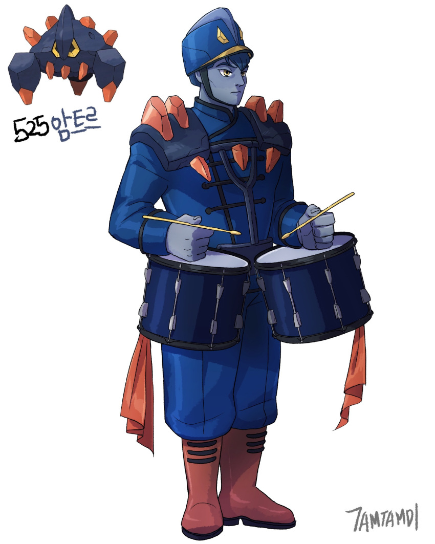 Personified Instruments Safebooru - 1boy artist name blue hair blue skin boldore boots closed ...