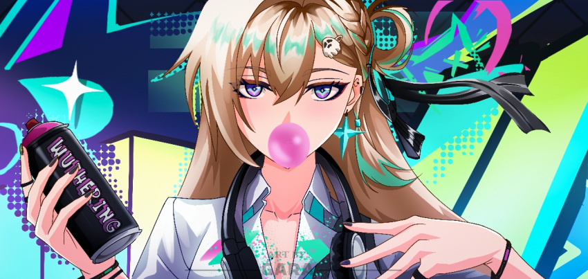 safebooru-1girl-aqua-necktie-blonde-hair-blowing-bubble-gum-braid