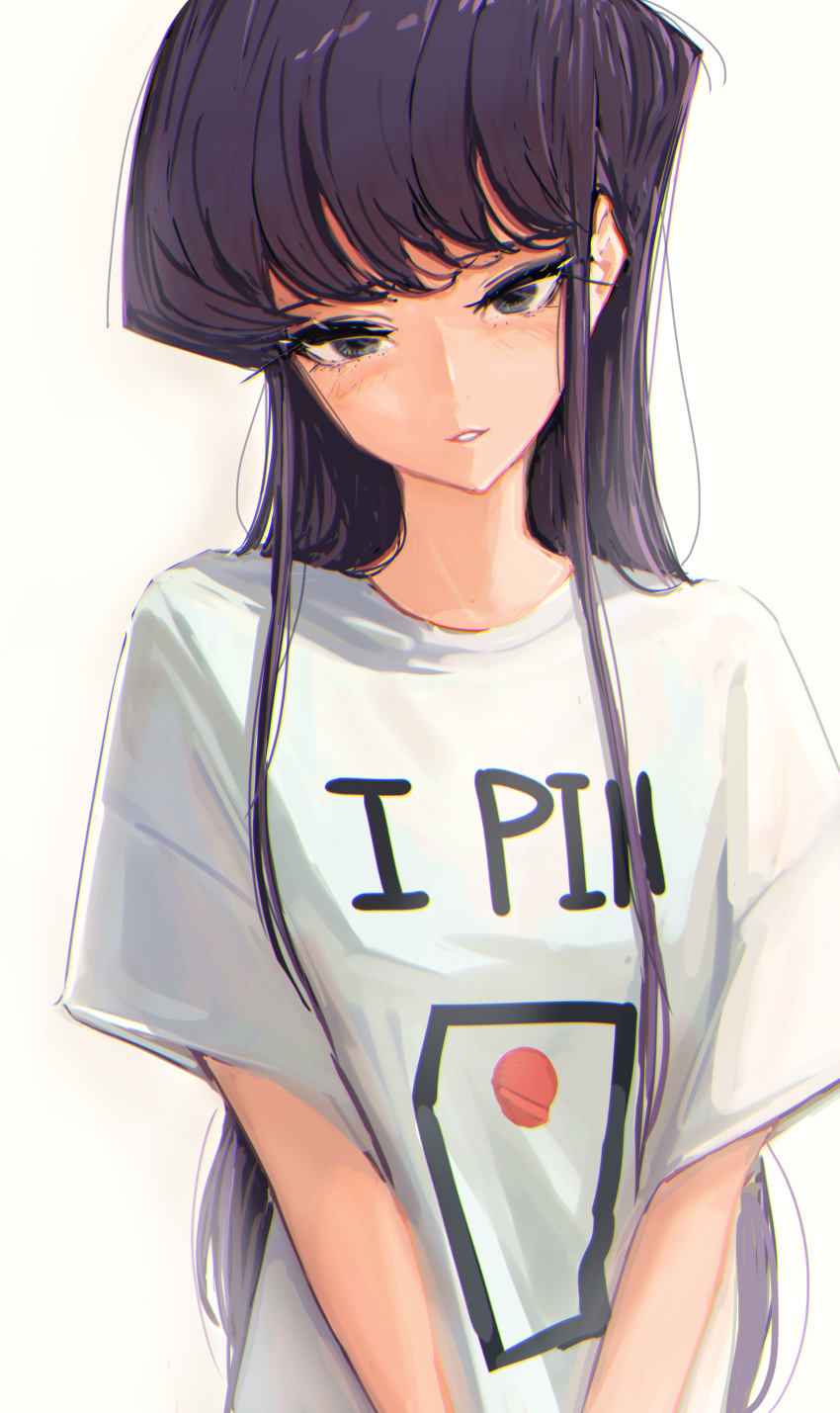 Safebooru 1girl Absurdres Baggy Clothes Black Eyes Blunt Bangs Clothes Writing Collarbone