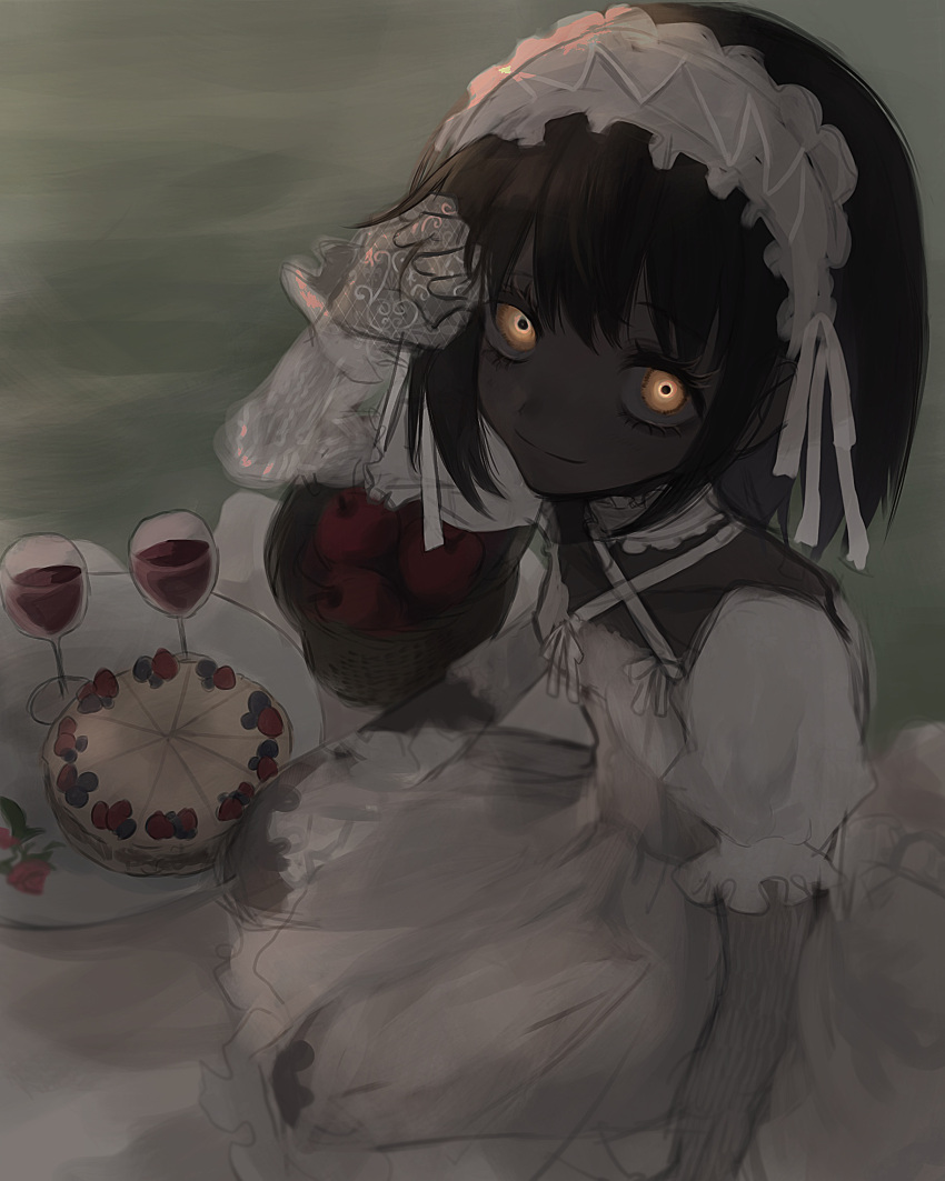 Safebooru - 1girl akai ringo (eveyuno) apple basket black hair cake cup ...
