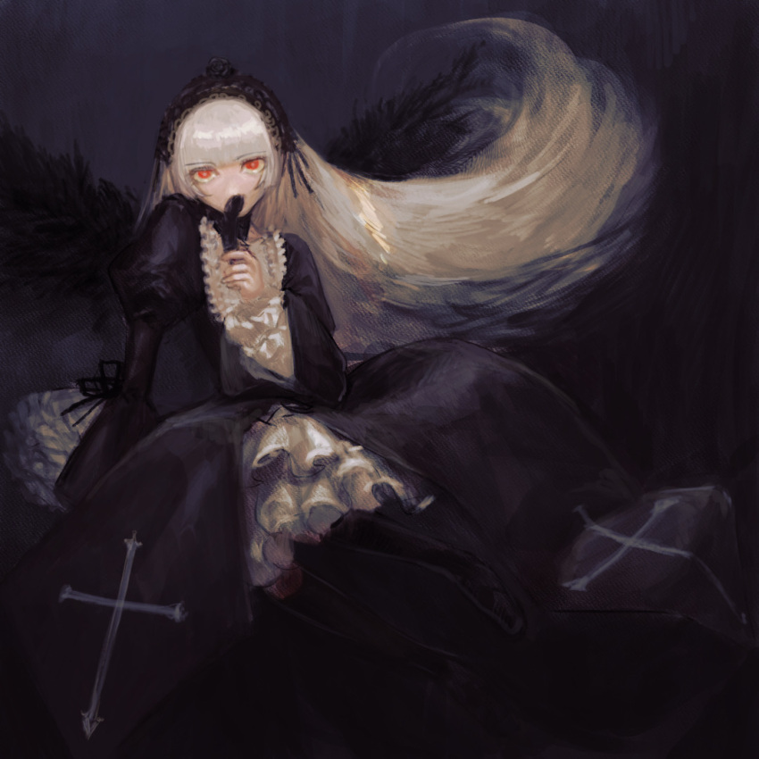 Safebooru - 1girl black dress black flower black footwear black ...