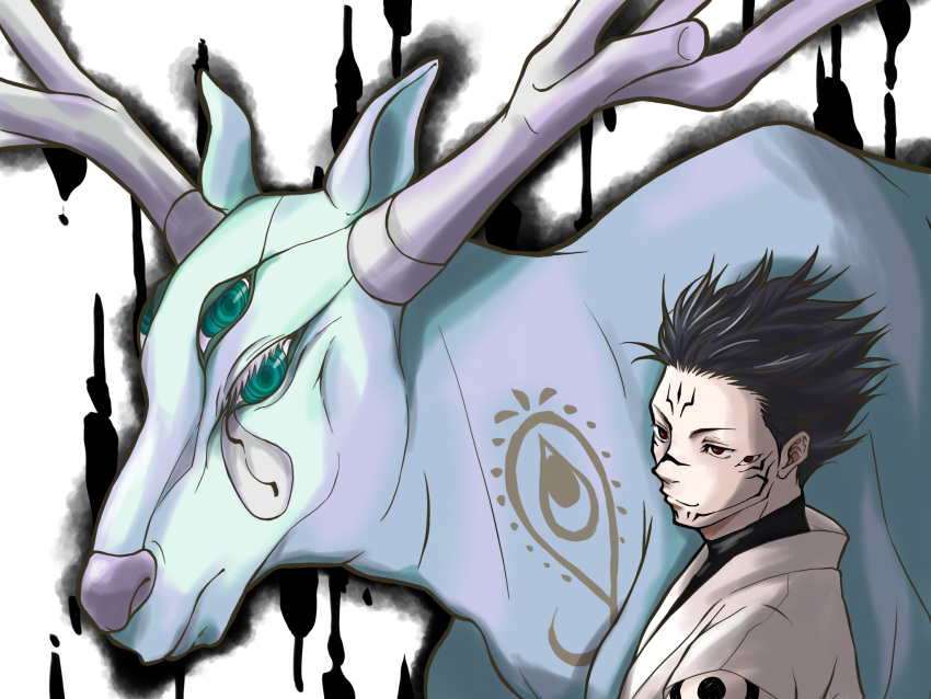 Safebooru - 1boy 1other animal black hair deer extra eyes facial tattoo ...