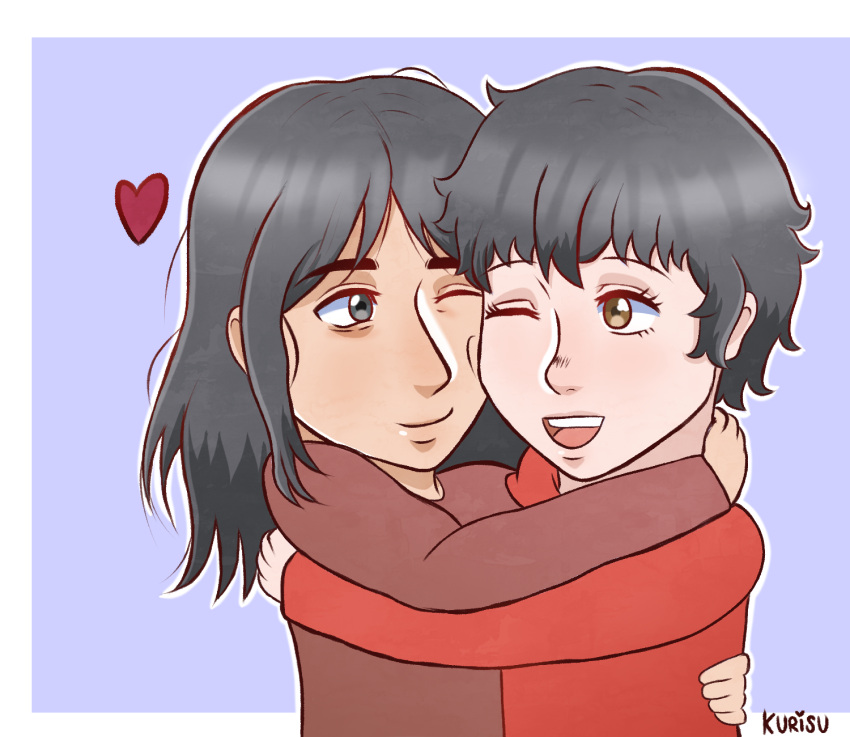 Safebooru - black hair brown eyes friends highres hug kurisu nimii ...