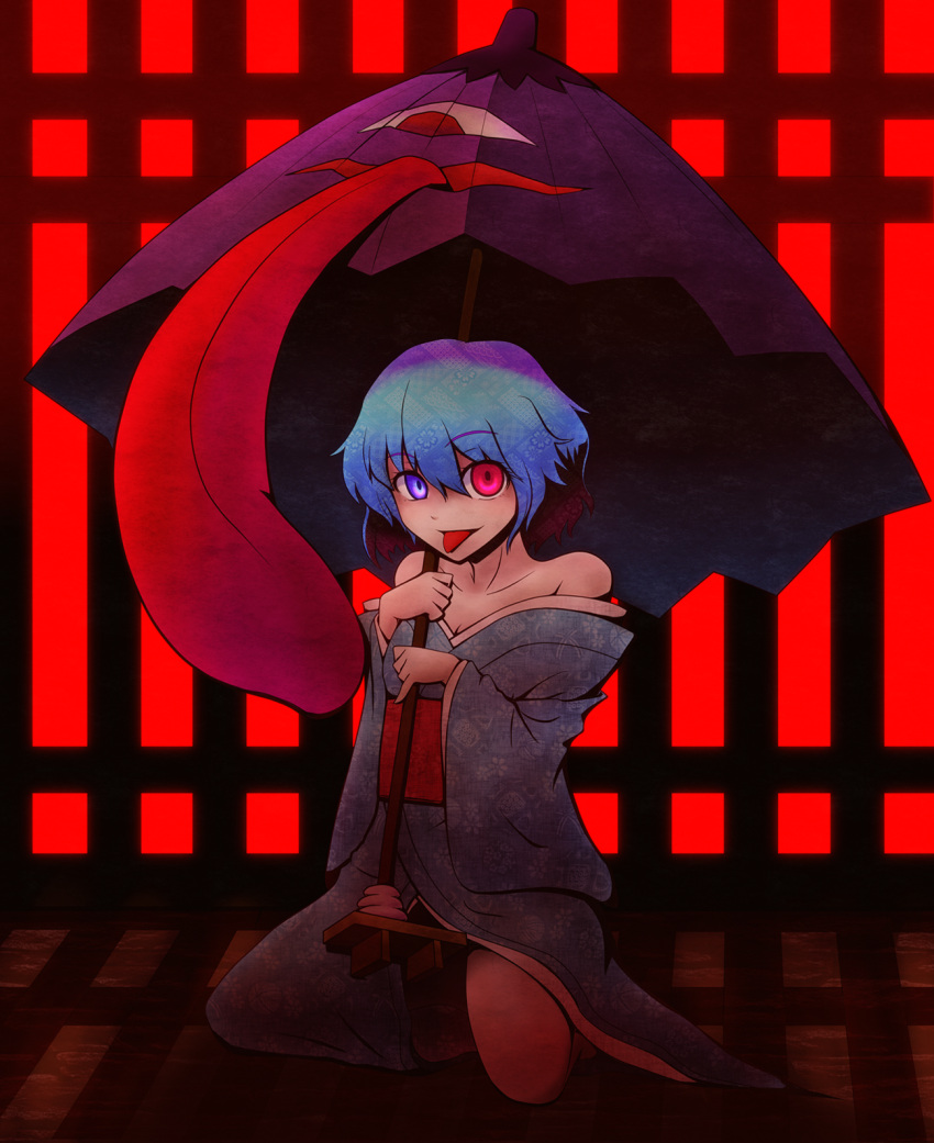 Safebooru Blue Hair Heterochromia Highres Japanese Clothes Karakasa Karakasa Obake Kimono Legs 2602