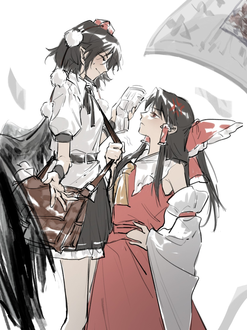 Safebooru 2girls aihararina anger vein bag black hair bow brown bag