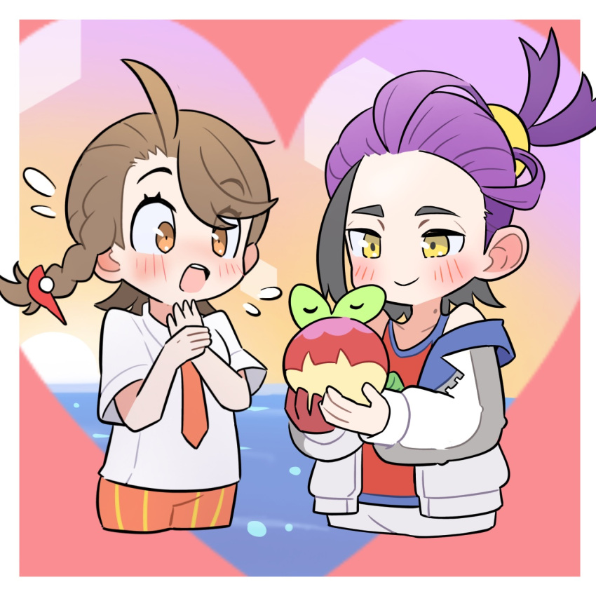 Safebooru - 1boy 1girl applin black hair blush braid brown hair chibi ...
