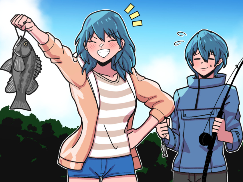 Safebooru - 1boy 1girl alternate costume blue hair closed eyes coat ...