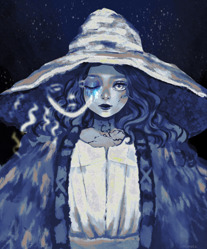 Safebooru - 1girl blue skin blue theme cape cloak colored skin cracked ...