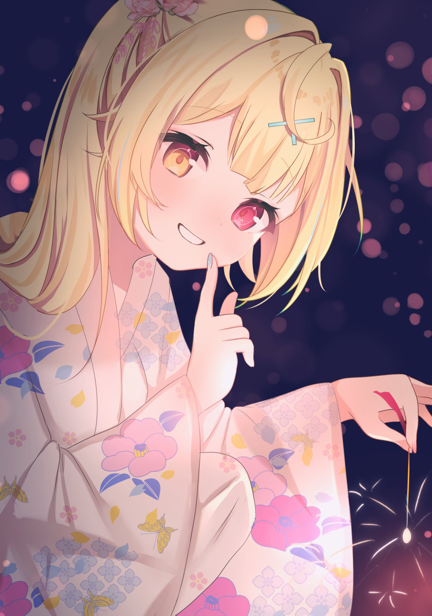 Safebooru 1girl Absurdres Ahoge Blonde Hair Blue Nails Finger To Mouth Flower Grin Hair Flower 7088