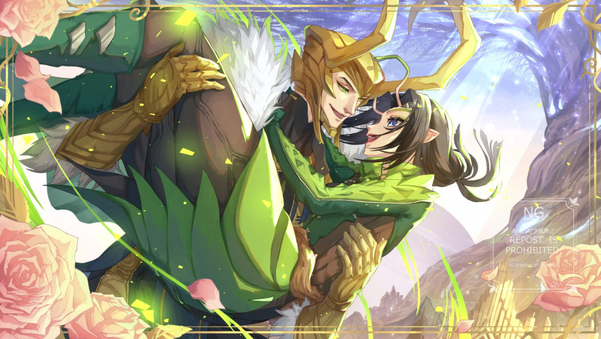 Safebooru - 1boy 1girl :d alien antennae black hair blue eyes blue sky ...