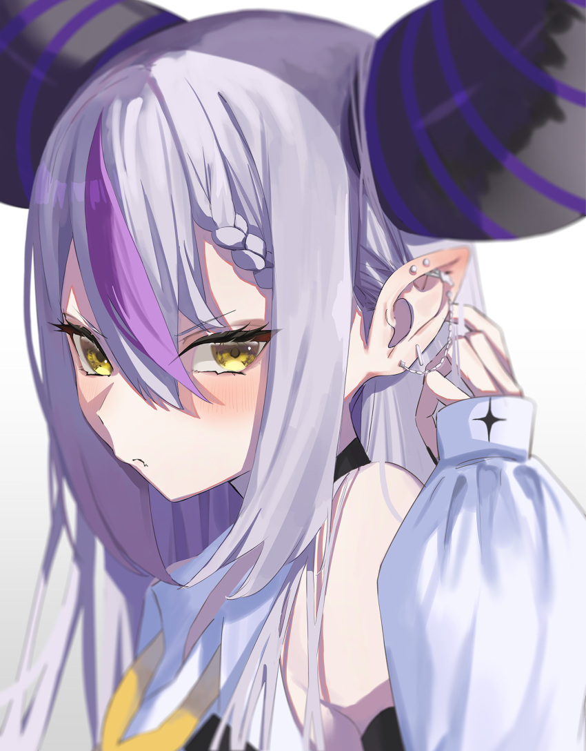 Safebooru 1girl Bare Shoulders Black Horns Braid Braided Bangs Ear Piercing Fang Grey Hair