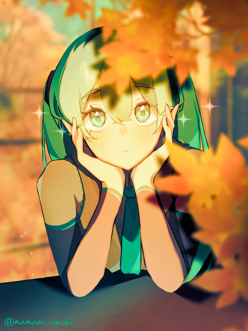 Sample Signagure Safebooru - 1girl absurdres alt text aqua necktie autumn leaves black ...