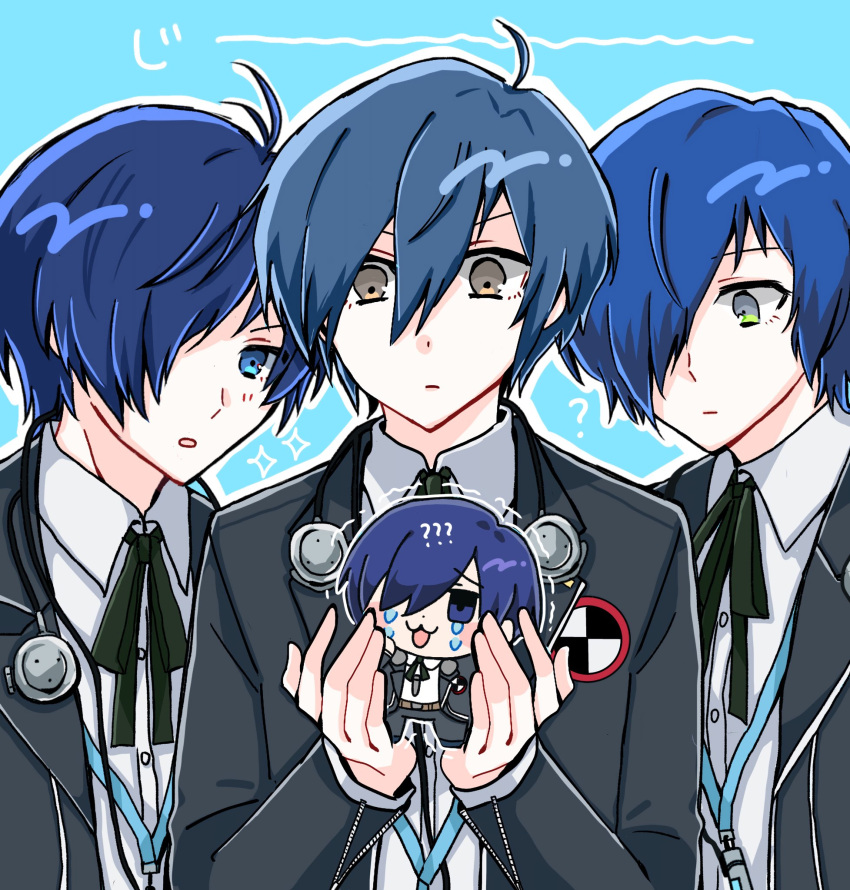 Chibi Index Safebooru - 4boys ? ?? black jacket blue background blue eyes blue hair ...