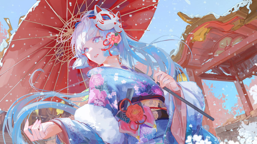 Safebooru - 1girl blue eyes blue hair blue kimono blunt bangs blunt ...