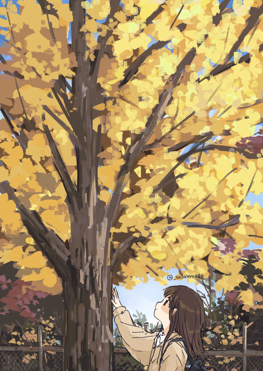 Safebooru 1girl Absurdres Arm Up Autumn Autumn Leaves Backpack Bag Brown Hair Ginkgo Tree 