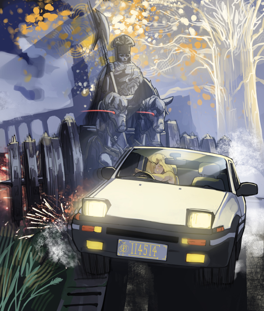 Safebooru 1girl absurdres blonde hair car chasing circlet commentary