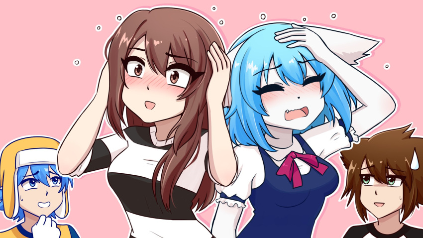 Safebooru - 2boys 2girls animal ears beanie blue eyes blue hair blush ...
