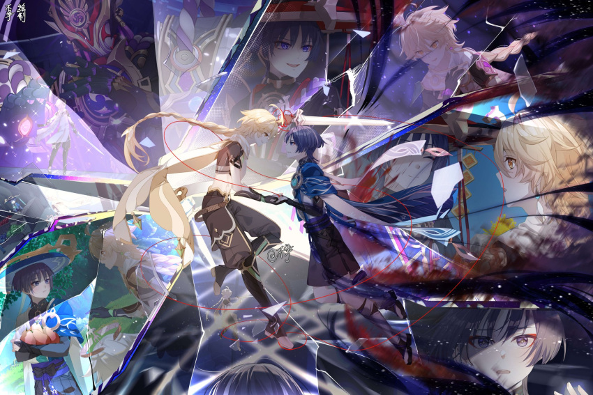 Safebooru - 1girl 2boys aether (genshin impact) ahoge aqua gemstone arm ...